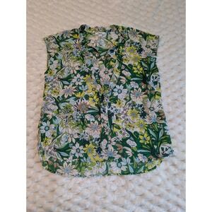 Bar III Floral Print Sleeveless Blouse V-Neck Green Yellow Top Size L